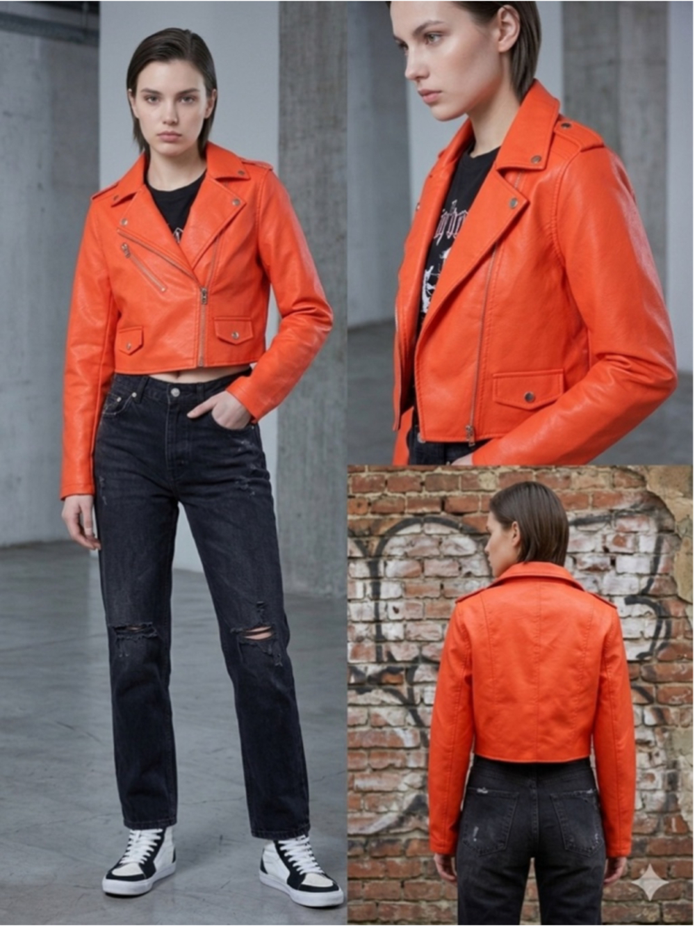 Love Tree Orange Faux Leather Cropped Moto Jacket Biker Vegan Baddie Y2K Med